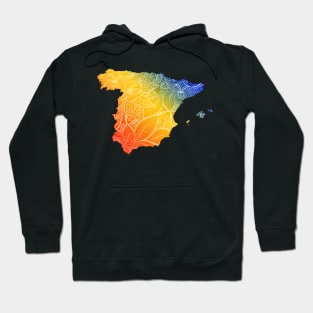 Colorful mandala art map of Spain with text in blue, yellow, and red Hoodie